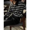 Womens Loose Colorblock Stripe Turn Down Collar Long Sleeve Knit T Shirt