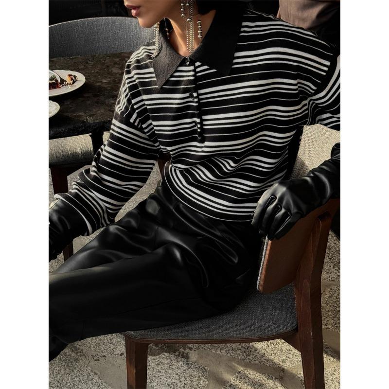 Womens Loose Colorblock Stripe Turn Down Collar Long Sleeve Knit T Shirt