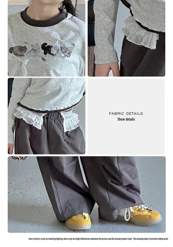 2026 Autumn Cat Print Girls' Long Sleeve T-shirt & Lace Waist Cargo Pants Set for Older Children