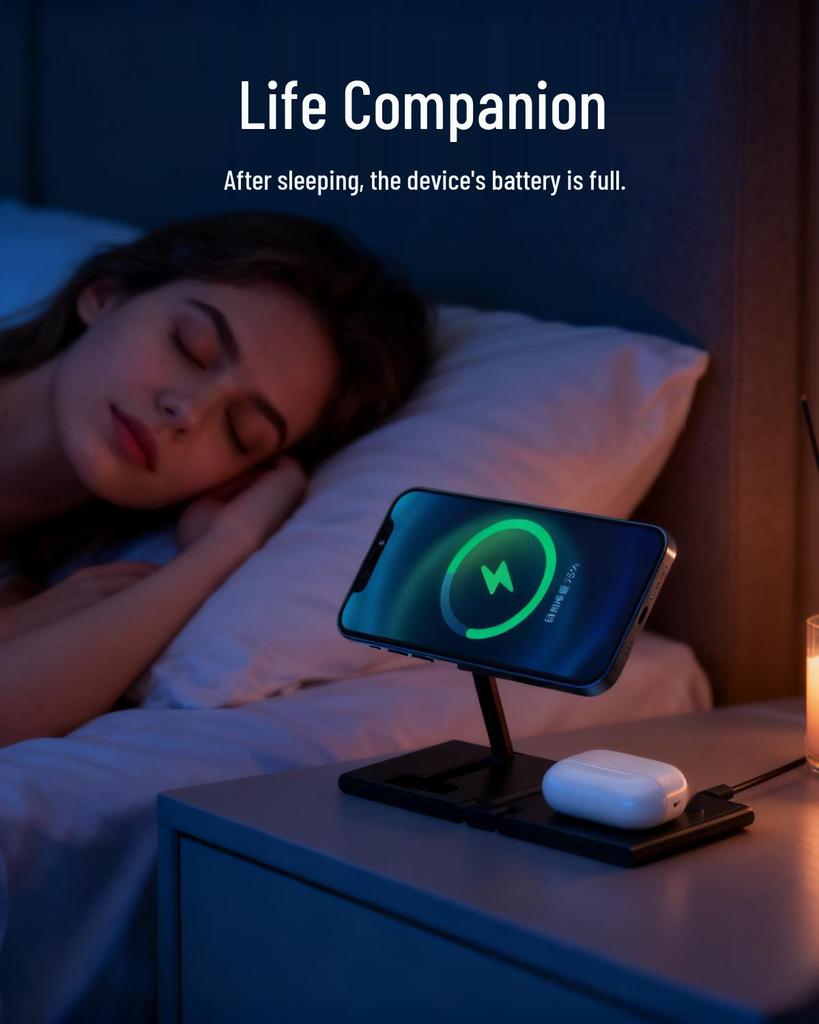 3-in-1 Magnetic Foldable Wireless Charger: 15W Fast Charging for Phone & Watch