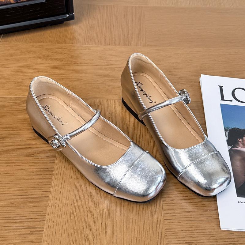 Inner heightening retro Mary Jane shoes women's spring new round head shallow mouth ballet small silver shoes wedge heel patent leather single shoes
