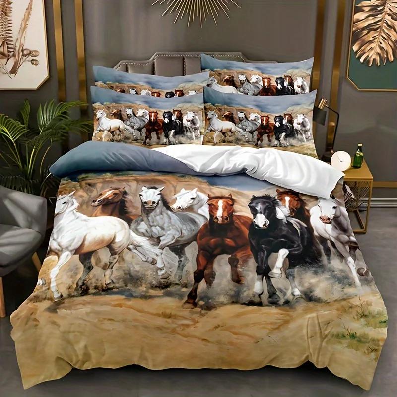 3pcs Horse Duvet Cover Set, 3D Print Wild Animal Horses Duvet Cover With Pillowcase, Soft Comfortable Breathable Bedding Set