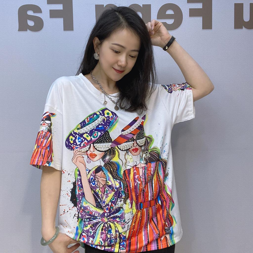 Plus Size Colorful Pattern Printed Diamonds Beading Tees for Women Summer Thin Clothes O Neck Short Sleeve Casual Loose T Shirts