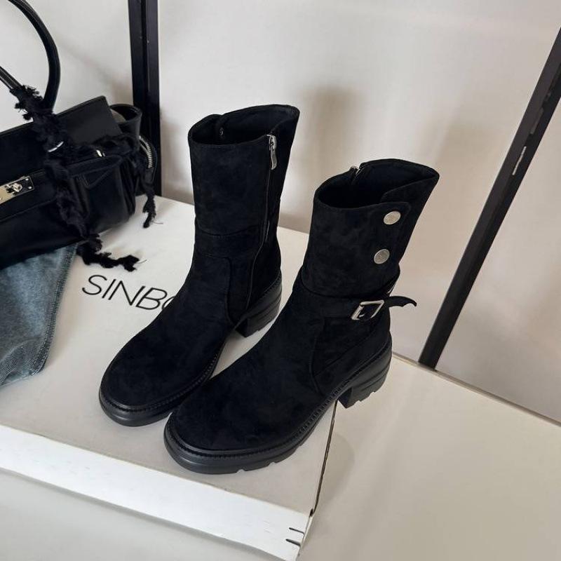 New versatile leather Martin boots solid color sleeve thick bottom non-slip comfortable large size women's boots round head medium boots women's