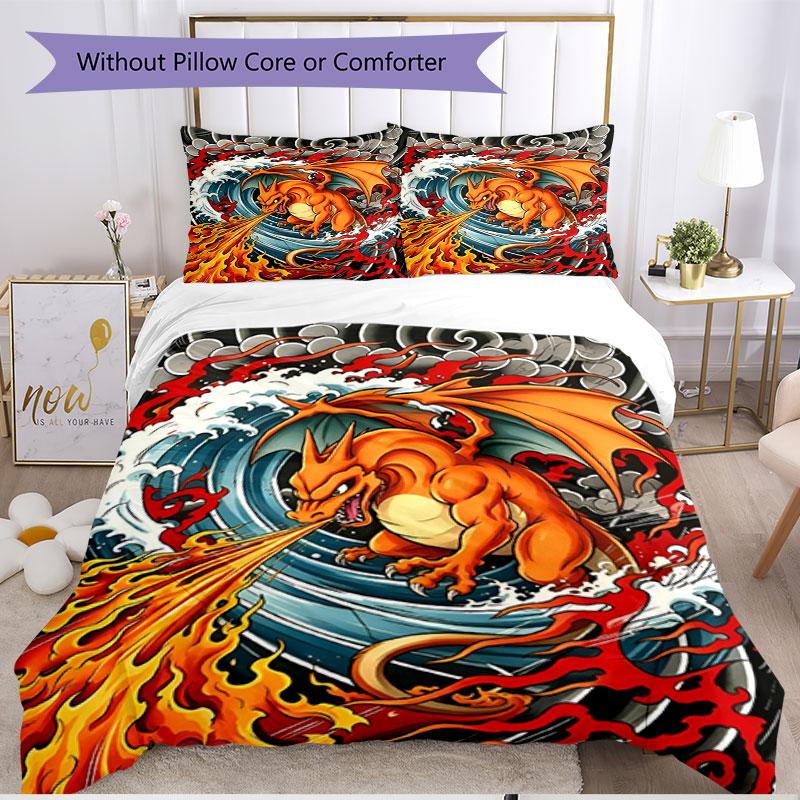 3pcs Duvet Cover Set (1*Duvet Cover + 2*Pillowcase, Without Core), Charizard VS Blastoise Print Soft All‑Season Bedding Set, Home Bedroom Decor Gift