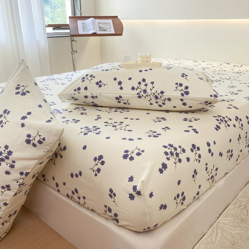 Washed Cotton Bed Sheet Fitted Sheet with Pillowcase Elastic Bands Non Slip Adjustable Mattress Cover for Double King Queen Bed