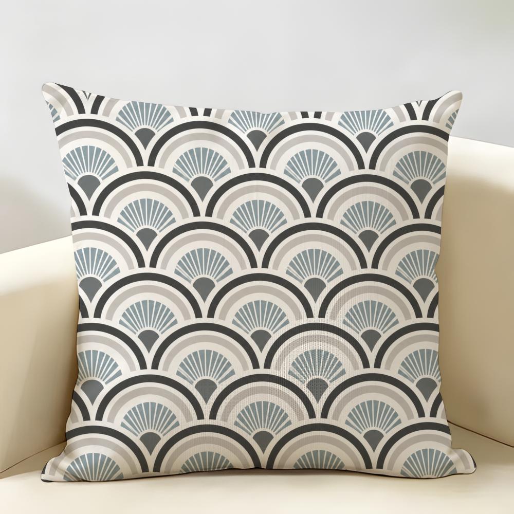Art Deco Fan Pattern Cushion Cover Durable Hypoallergenic Organic Linen Short Pillow Cover Washable