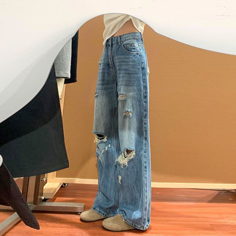 Comfortable Wide-leg Large Yards Hole Broken Jeans Women Autumn Pear Shaped Body Loose Skinny Straight Trousers Jeans for Women Long Denim Pants