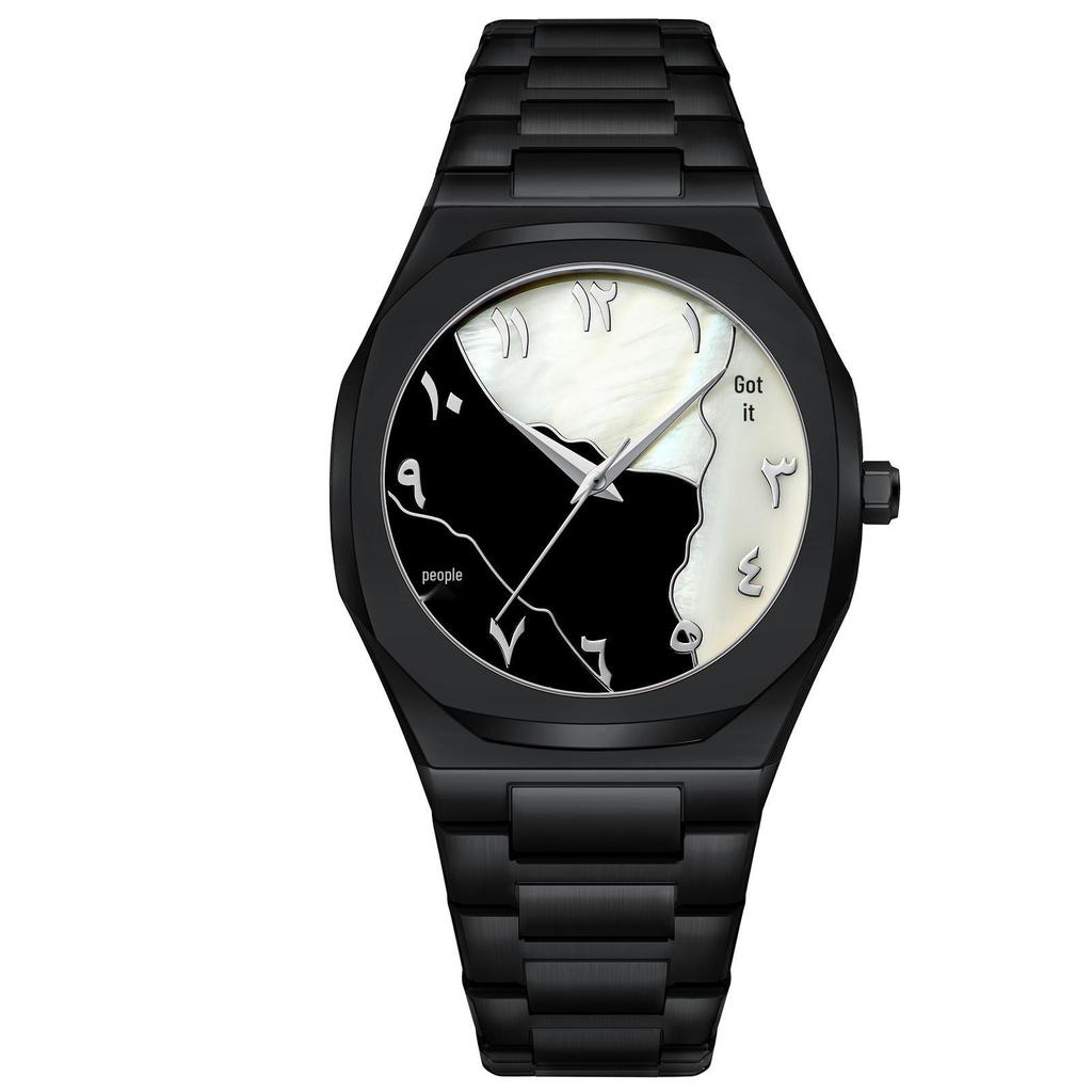 High-End Men's Quartz Watch with Large Dial and Steel Band, featuring Arabic Numerals.