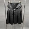 2025 A/W Black Pleated Leather Skirt with Detachable Velcro Pockets & Patchwork A-line Design