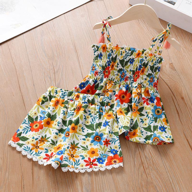 Girls' Floral Chiffon Set Summer New Item for Baby Girls Children's Camisole Top Lace Shorts Two-piece Set