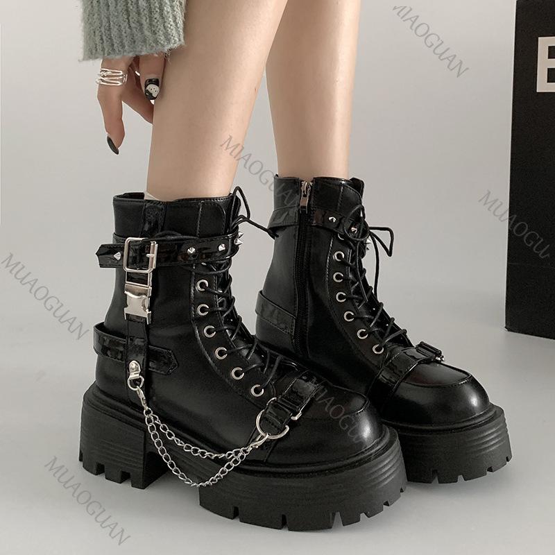 Fashion Thick Bottom Motorcycle Short Boots Autumn Women Shoes Black Punk Style High Heels Sweet Cool Metal Round Toe Female Ankle Boots
