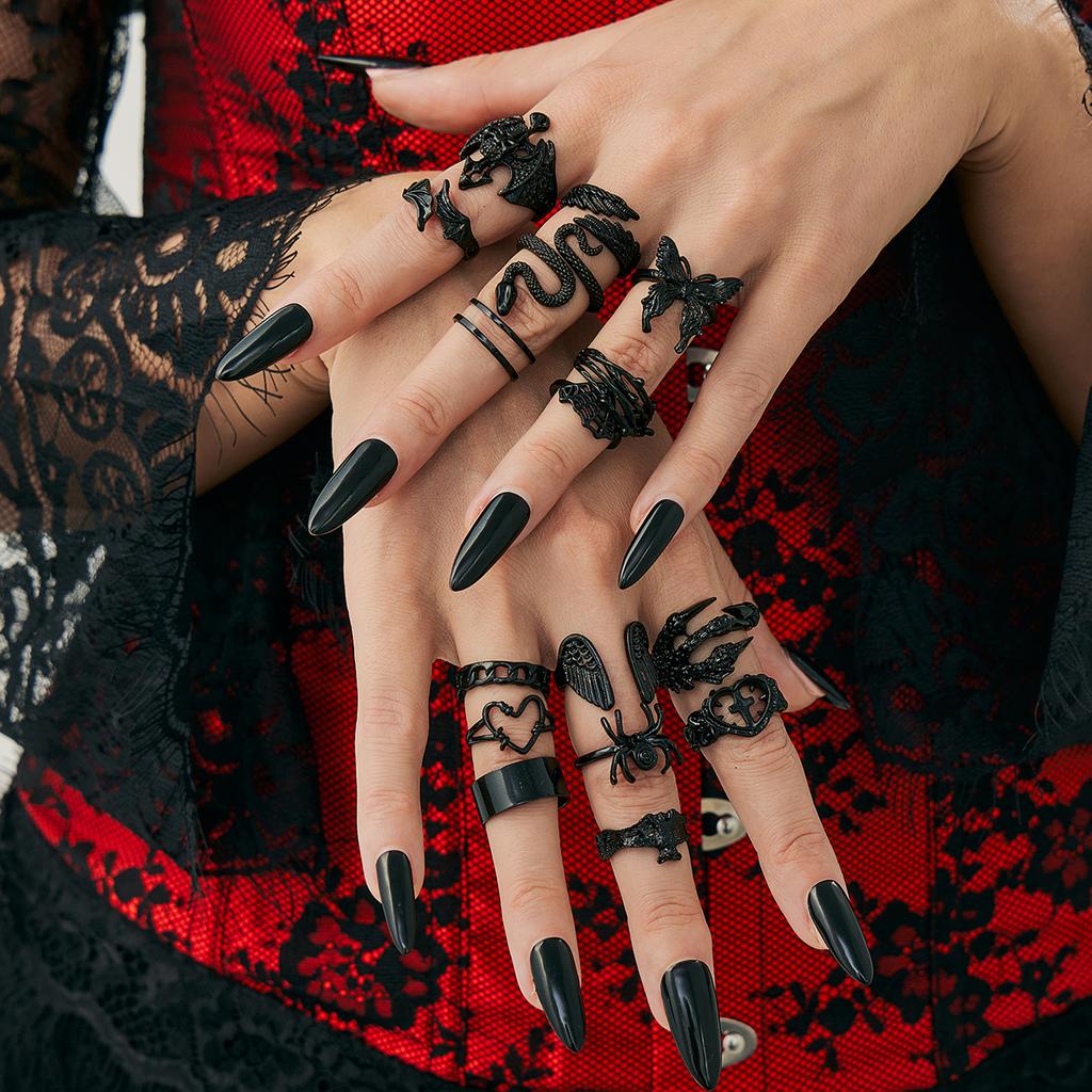 Ingemark 20 Pcs/Set Gothic Black Spider Butterfly Snake Shape Open Rings Women Trend Creative Star Heart Rings Halloween Jewelry