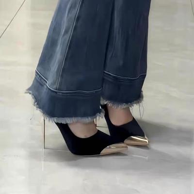 Zapatos de tacón alto de lujo ligeros con diseño de banquete de viento para mujer, tacones finos, novedad 2025, tacones súper altos, zapatos de gamuza con punta de metal