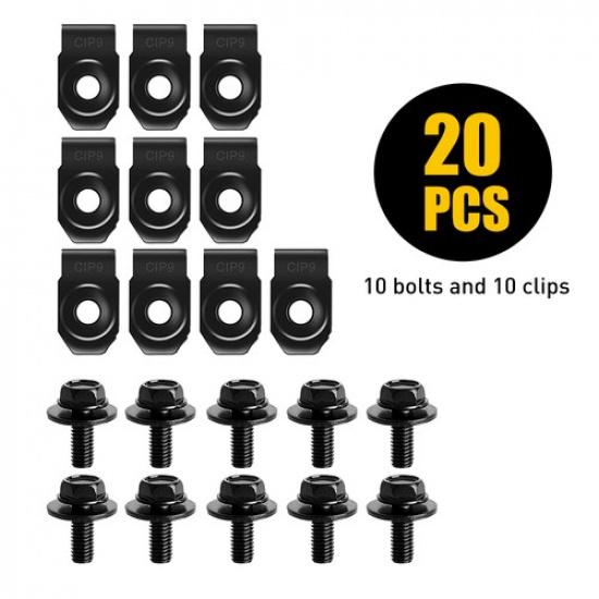 20pc Car Body Bolts & U-nut Clips- M6-1.0 20mm x Long- 10mm Hex Auto Accessories