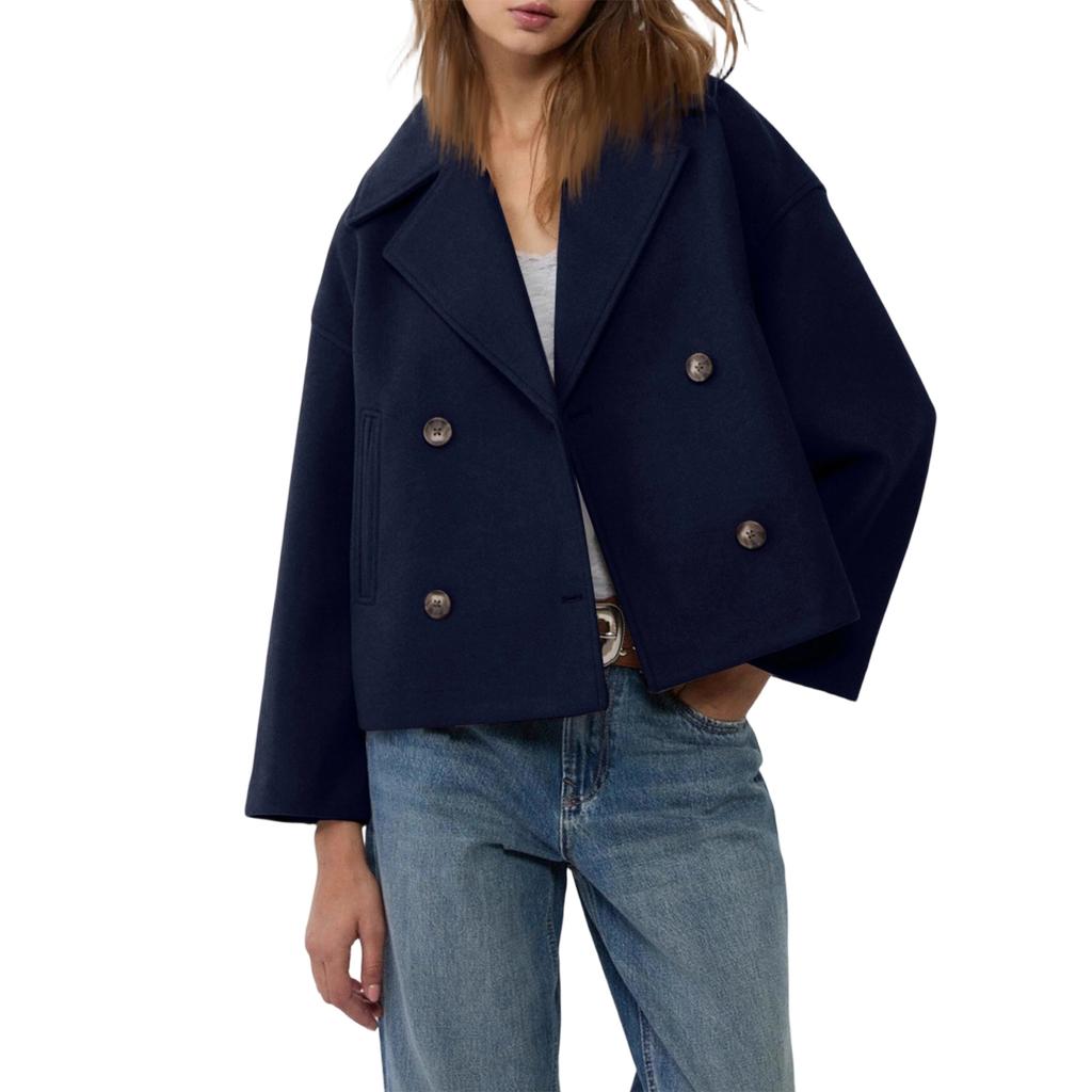 Women's Fashionable, Elegant, -color, Long-sleeved, Short Woolen Coat With A Turned-up Collar