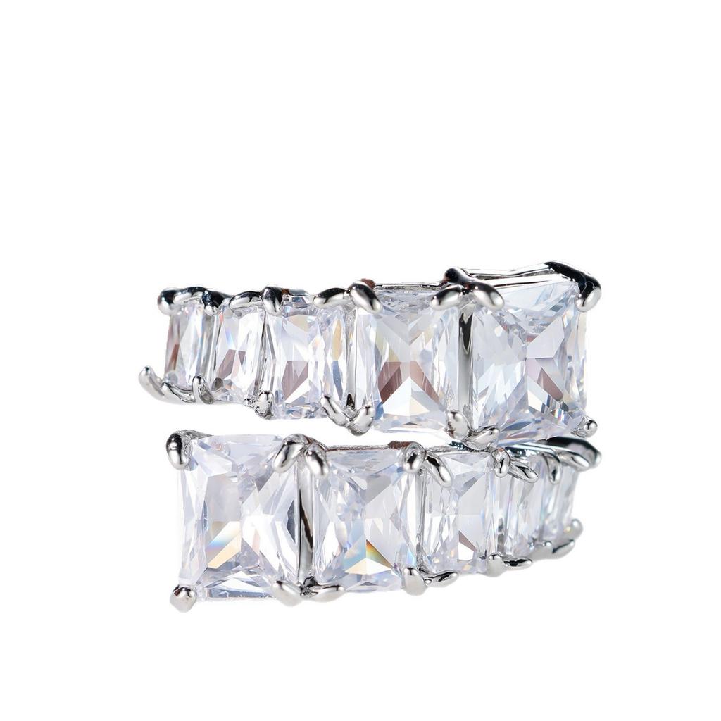 European and American style, oversized, double-row, square-cut cubic zirconia open ring Rectangular stepped drill with alternating wide faces