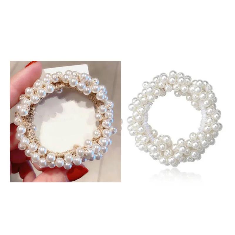 Girls Scrunchies Luxury Big Elegant White Pearl Hair Ties Beads Rubber Bands Ponytail Holders Elastic Hair Band Hair Accessories