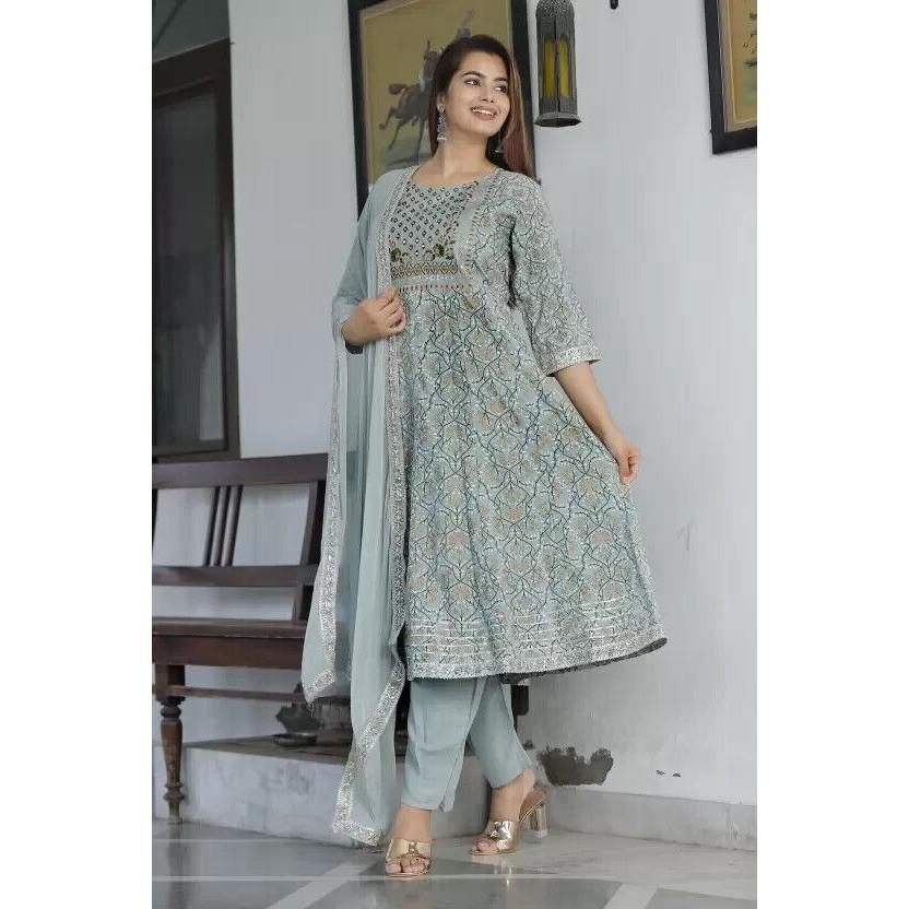 Women Embroidered Anarkali Kurti Bottom Dupatta Set Indian Pakistani Party Wear VF-20164a