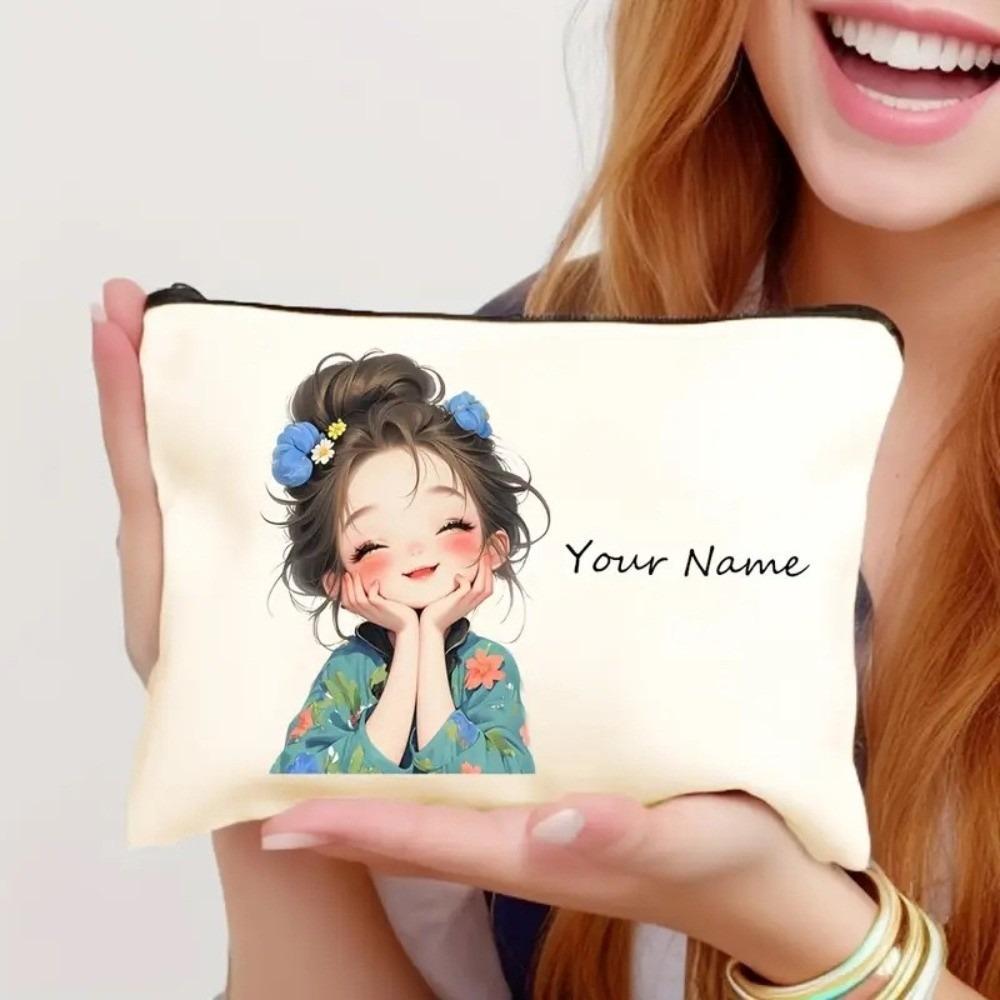 Trendy Vintage Style Makeup Bag Cute Girl Pattern Travel Handbag Toiletry Bag Pencil Case Zipper Cosmetic Bag