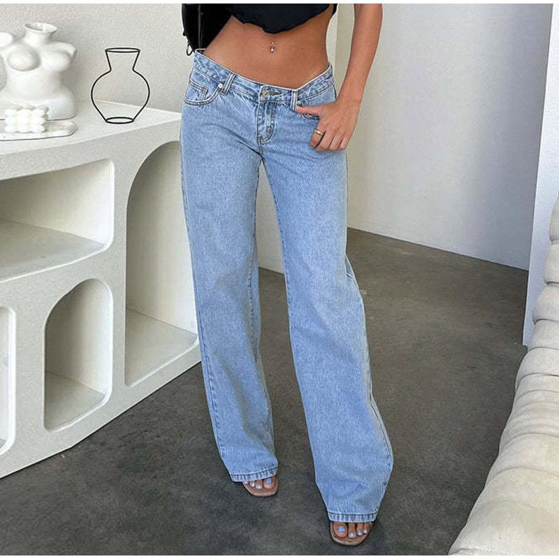 Women's Spring Summer Y2k Light Blue Baggy Pants Low Waist Loose Fit Straight Leg Denim Pants Boyfriend Jeans with Pockets