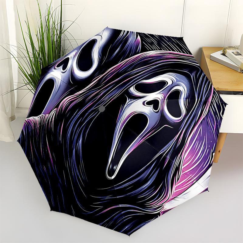 Scream Mask Auto-Folding Umbrella: Portable 3-Fold Design with 8-Bone Frame - Perfect for Fans, Travelers, and Daily Use0104240a