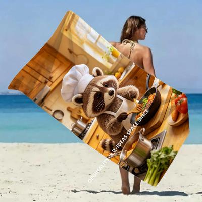 Cute Raccoon Chef Beach Towel Patterned Sunscreen And Windproof Suitable For Swimming Pool Camping Travel