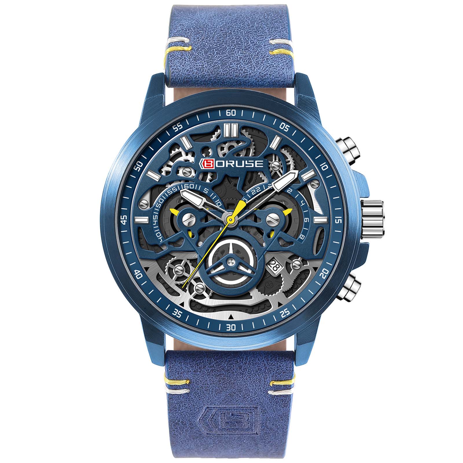 

BORUSE Мужские классические деловые часы с циферблатом Мужские часы Кварцевые часы Классические часы Часы с хронографом Водонепроницаемые часы Часы с кожаным ремешком для мужчин синий