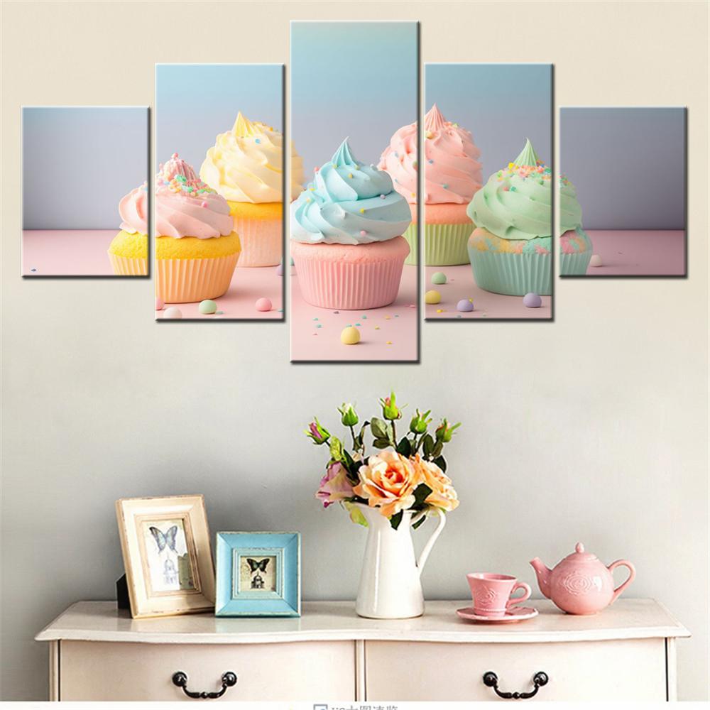 

5 Pieces Canvas Wall Arts Poster Painting Food Colorful Ice Cream Cupcakes WallpaperInterior Home Decor Morder Picture Printing 20X35 20X45 20X55CM
