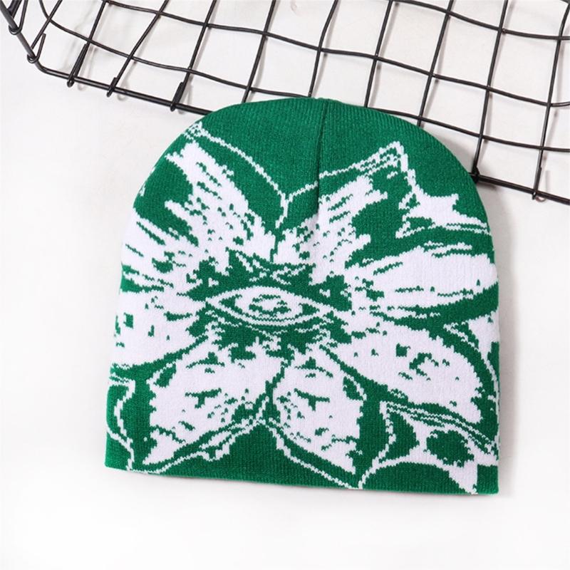 Unisex Jacquard Eye Flower Pattern Knitted Beanies Hat Fashionable Winter Warm Hiphop Bonnet Skull Hat for Men and Women