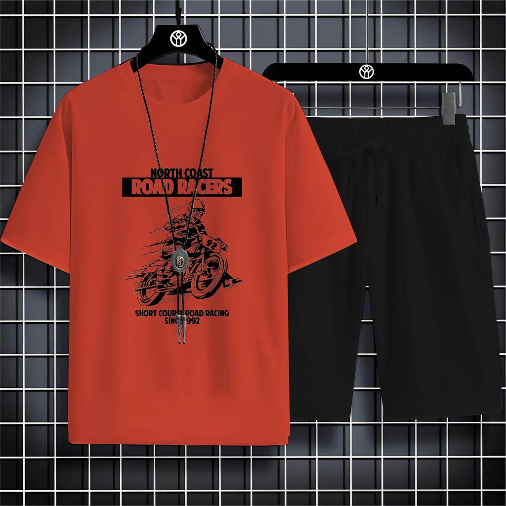 Summer Round Neck Men'S Outdoor Casual 2d Motorcycle Print Loose Comfortable Breathable Short Sleeve T-Shirt Beach Set T-Shirt