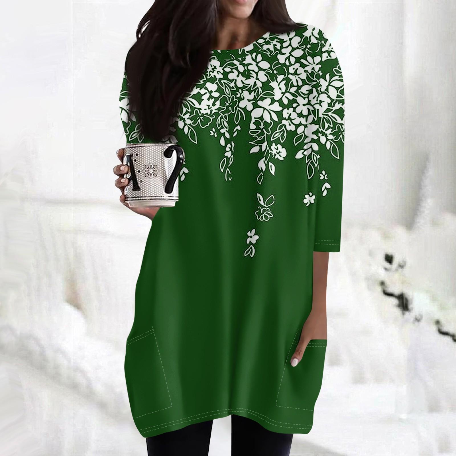 

Женские повседневные рубашки с рукавами 3/4, модные туники с принтом, топы с карманами XXXL зелёный