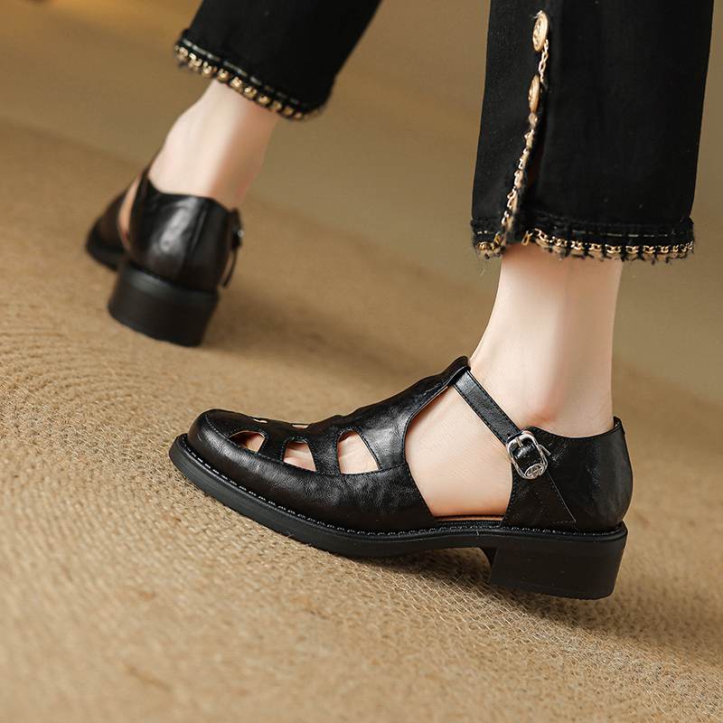 Krazing Pot Fårskinn Rund Tå Storlek 42 Hög Kvalitet Tjock Mellanhög Klack Spänne Ihålig Stil Vacker Höst Större Storlek Pumps