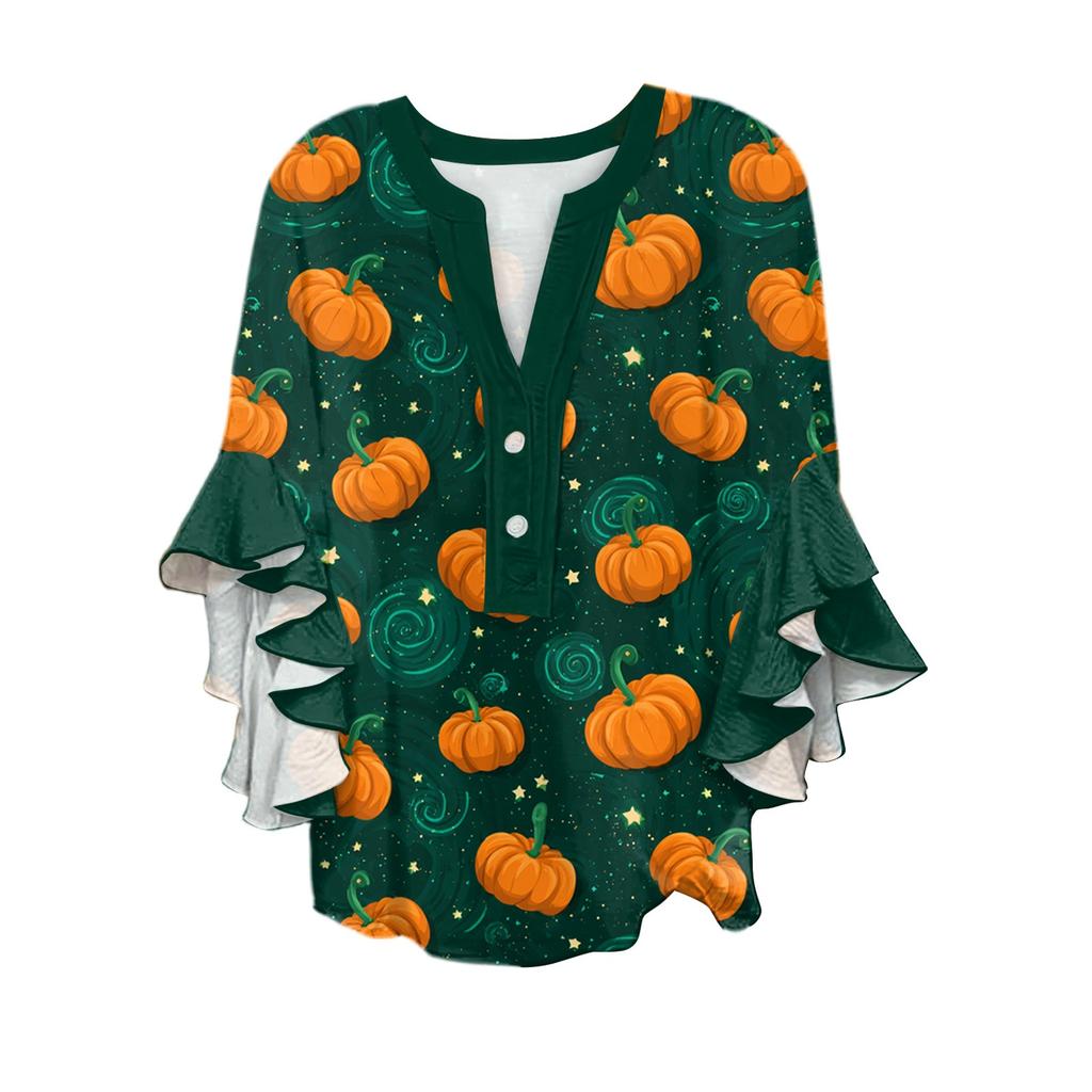 Women's V-neck Seven Quarter Sleeved Shirt Halloween Printed Top Casual Shirt