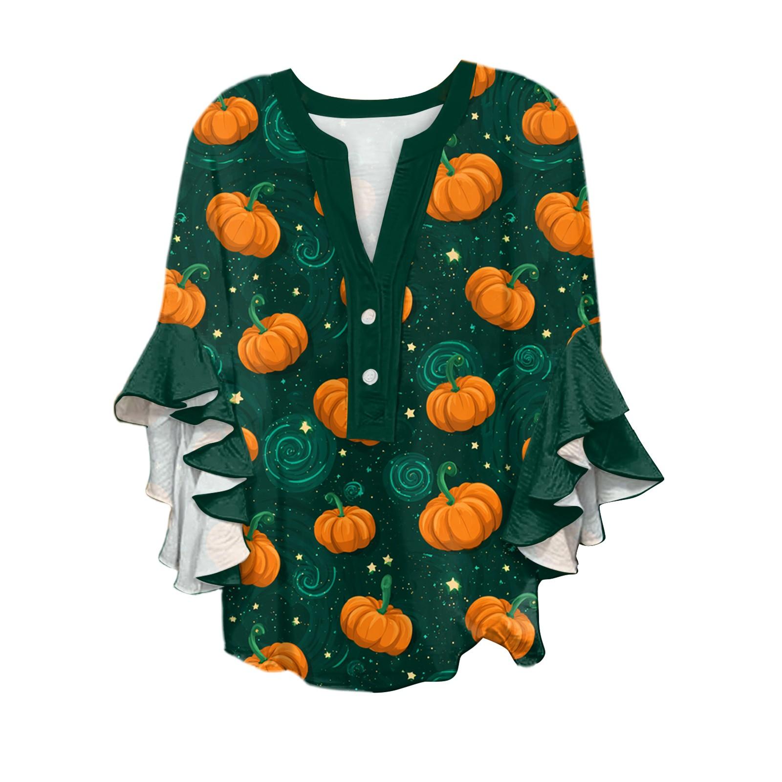 

Women s V-neck Seven Quarter Sleeved Shirt Halloween Printed Top Casual Shirt L