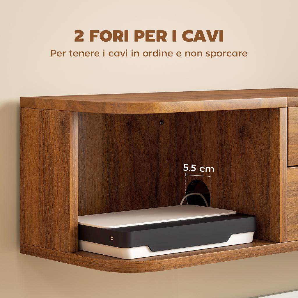 Wall-Mounted TV Cabinet for TVs Up To 50" with Power Outlets, USB and Type C, Drawer and Shelves, 120x24x22.4 Cm, Walnut