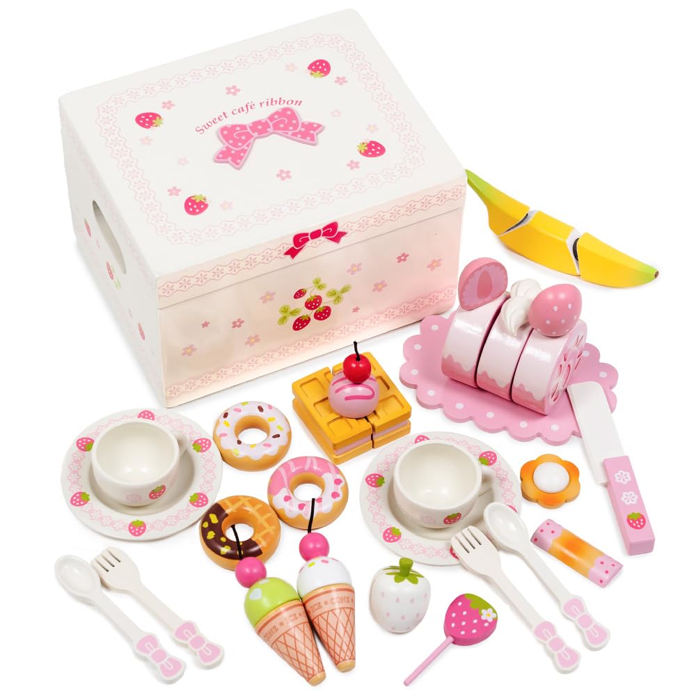 

Mother Garden Wooden Sweet Cafe Ribbon Pretend Play Set with Cake and Tea Wooden (Milky White) Set, Toy, 441-21775