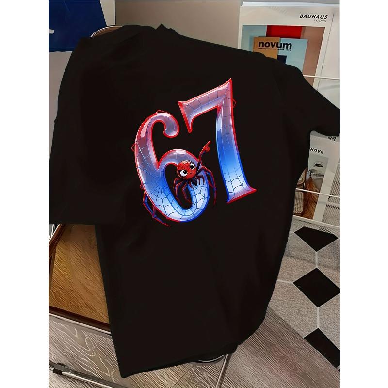 European sizes T-shirt with Spider Pattern and Number 67 Design, Children,Fashionable and Casual - New Summer Trendy Brand Printed Clothing, Unisex