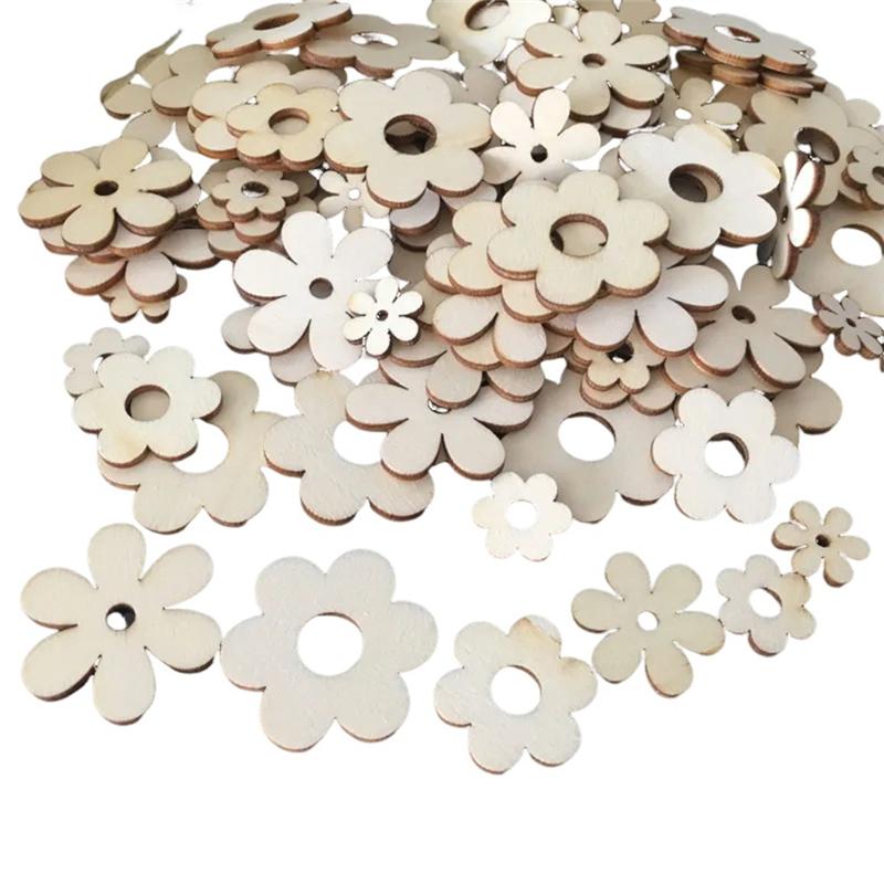 ABBY-100Pcs Wooden Flowers Ornaments With Hole Handmade Wooden Crafts Accessories Parts For Scrapbook DIY Home Decoration