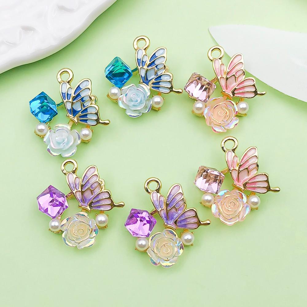 Mixed 6-Color Oil Drip Rhinestone Butterfly Flower Pendant Charm for DIY Jewelry