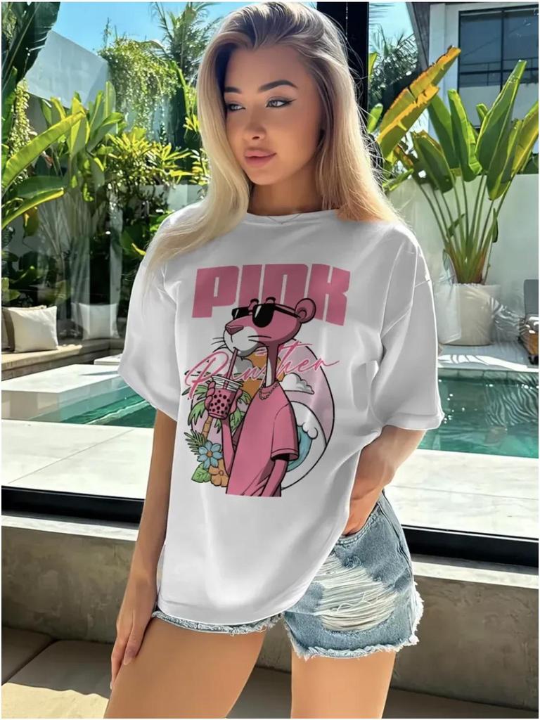 200g Pure Cotton Cute Print Loose Outerwear, Age-Reducing & Slimming Design, Casual Round Neck Short Sleeve