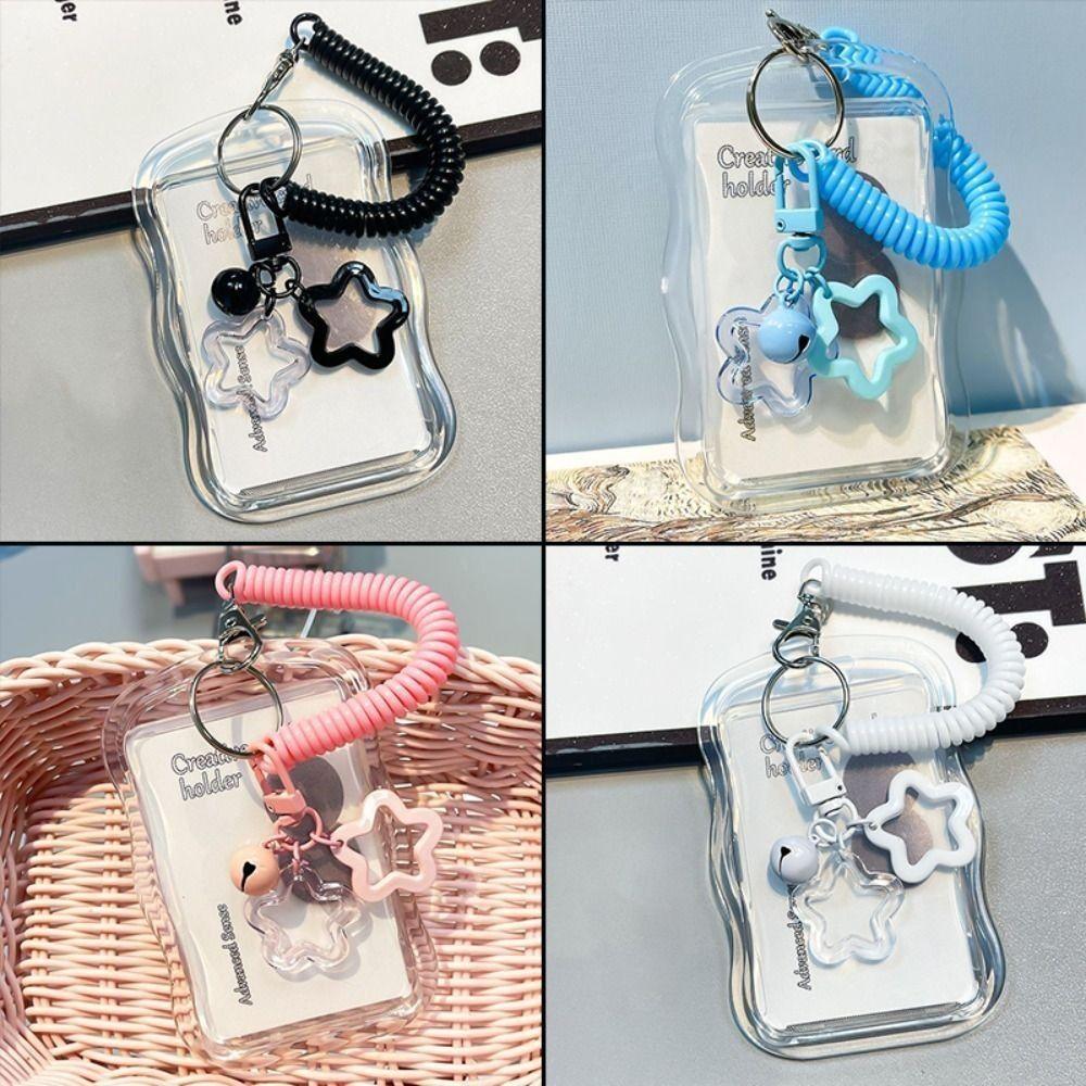 Cartoon Soft Silicone Kpop Photocard Holder Spring Rope With Star Keychain Transparent Card Holder Sliding Cover