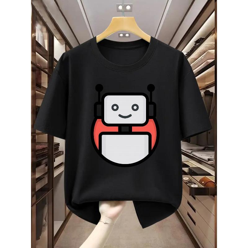 European sizes Men's Short Sleeve T-shirt with Cartoon Robot Graphic, Comfortable Casual Short-sleeved T-shirt for Summer