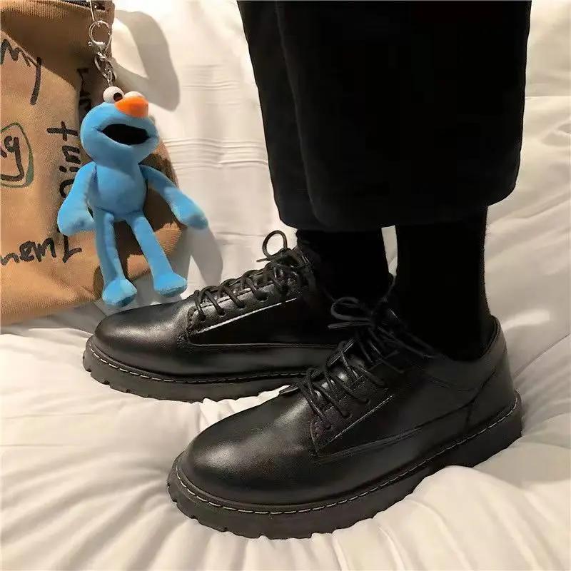 Office Men's Leather Shoes Black Round Toe Male Casual Brogue Shoe Social 2025 Trend Cowhide Low Price Free Delivery Shipping Pu
