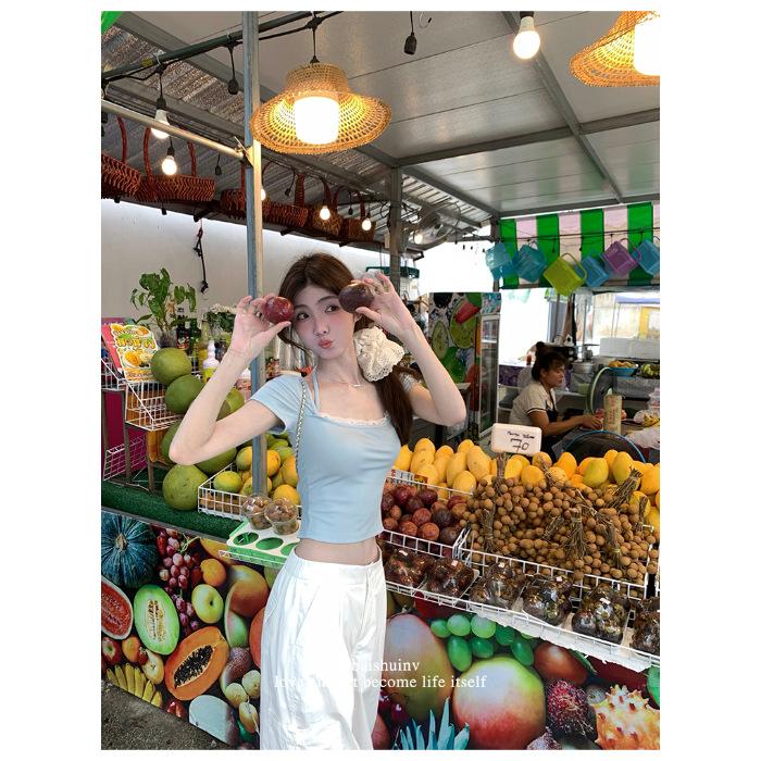 

Versatile lace splicing square neck short-sleeved T-shirt women s summer design sense neck strap slim slim short top L синій