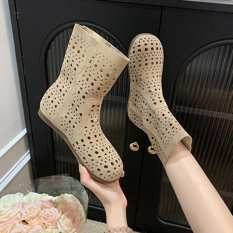Трендовые ботильоны с вырезами до щиколотки с квадратным носком весна-лето 2025 - Дышащие балетки на плоской подошве женские удобные перфорированные сандалии-ботильоны 38 телесный 2756₽