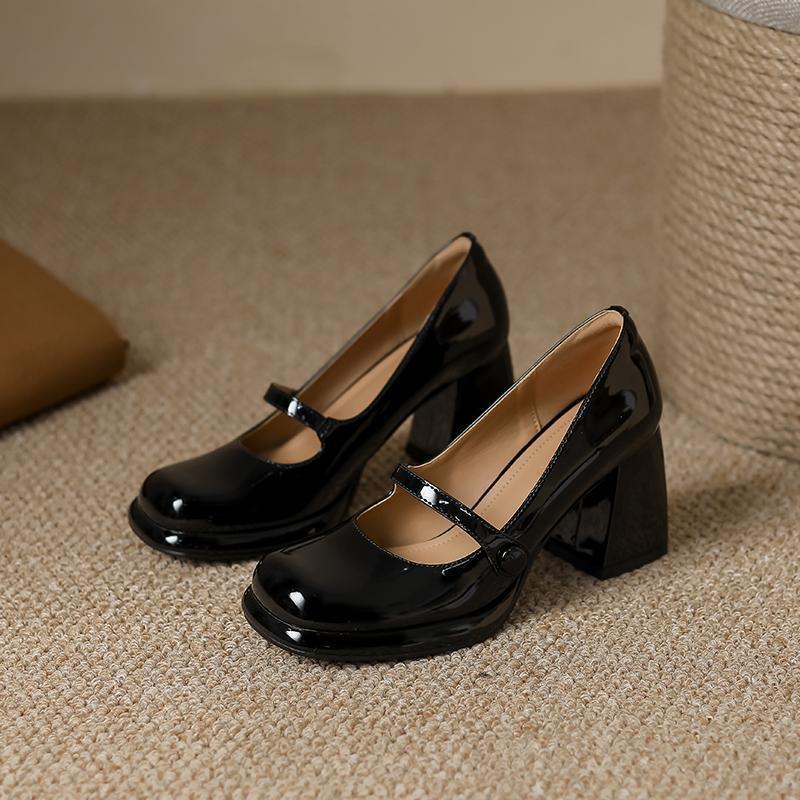 Winter 2025 New Black High Heels Women's French Thick Heel Patent Leather Square Head Temperament Single Shoes Mary Jane Small Leather Shoes