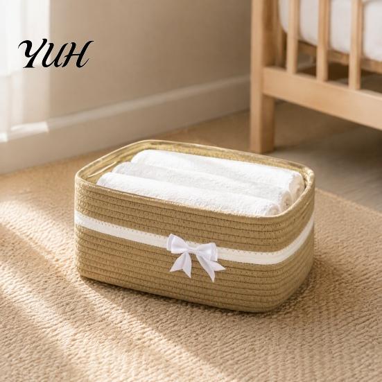 Portable Gift Baskets for Christmas Cotton Woven Storage Basket, Square Desktop Organizer, Soft Thread Bins Home Organization Space Saving Decorative