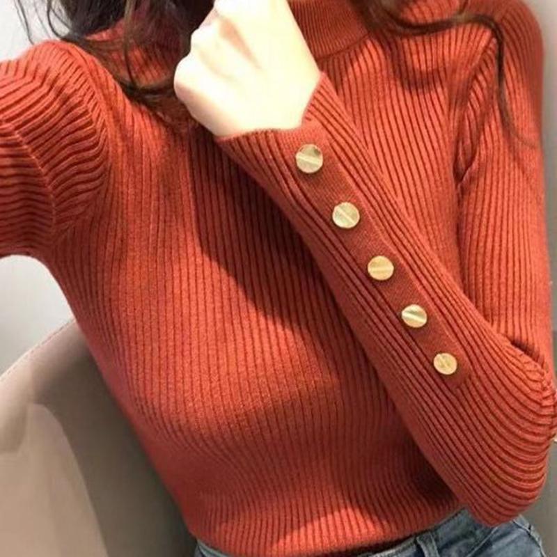 Autumn and Winter Long Sleeve Soft Knitted Women's Sweater Half High Collar Solid Bottom Pullover Sweaters Tops Ladies O Neck Casual Knitwears 24973