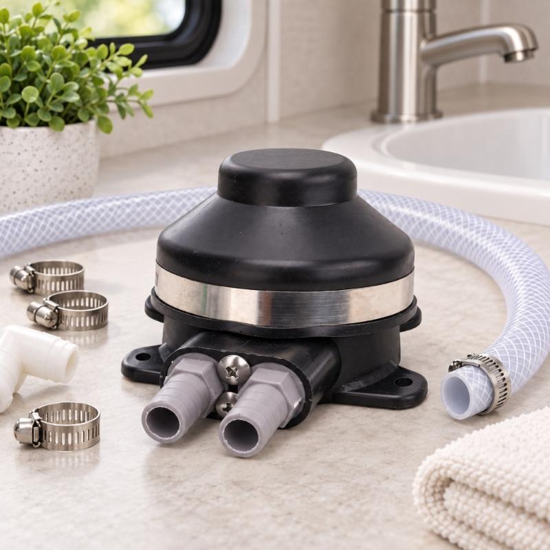 Four Hole Mounting Foot Water Pump with Plastic Body and Metal Retaining Band for Fixed Motorhome Bathroom or Boat Water-System Installation